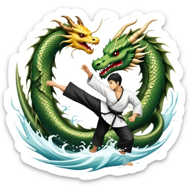 An icon symbolizing Eastern martial arts in the style of an emblem, featuring a black-and-white Yin-Yang symbol at the center and a powerful dragon wrapping around it. A martial artist is performing a fluid kick, surrounded by elements like a dojo and bamboo. Transparent background sticker