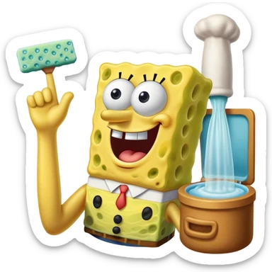 SpongeBob entering the krusty krab kitchen stocking his finger in the sponge hole that leads to his “brain” and his left eye facing left and his right eye facing right sticker