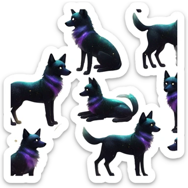 Black iridescent dog fox zombie skeleton gold mechanical nebula galaxy stars flowers fairy lights vintage sticker