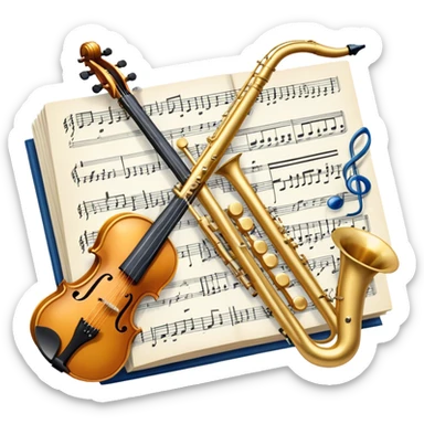 Create an elegant and artistic emoji that represents music arrangement and orchestration. The design should feature a conductor's baton, musical scores, and various orchestral instruments (e.g., violin, trumpet, electric guitar, synthesizer). Incorporate flowing lines to represent harmony and orchestral balance, along with a subtle representation of sheet music. Use rich, classical colors like gold, silver, or deep blue, and create an atmosphere of sophistication and precision. The background should be transparent. sticker
