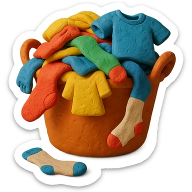 overflowing laundry basket, mix of socks and t-shirts, playful look, claymation style sticker