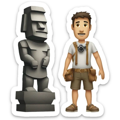 Guy standing at moai holding a camera sticker