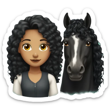  girl, long black curly hair, next to a black spanish horse sticker