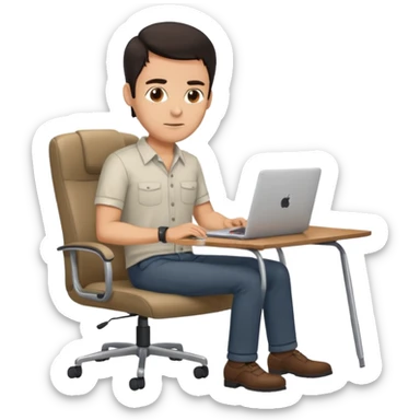 Rich man sitting on a chair, working at desk with laptop in office, in shirt, dark hair, he is german very beautiful looks like, full body view sticker