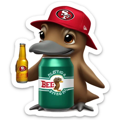 platypus in white 49ers hat and beer can sticker