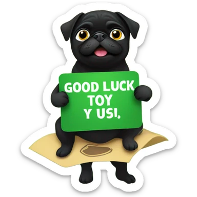 Black pug , surrounded by flowers, holding a green sign that says “good luck”  sticker