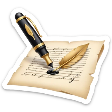 Create a delicate, artistic emoji representing poetry. The design should include a black fountain pen or quill with ink flowing gently onto a piece of parchment or scroll. Add soft, flowing lines to represent the fluidity of verse and creativity. Include elements like a small ink bottle or a feather in the background, and subtle accents of gold or silver to evoke elegance and inspiration. The overall design should feel light, romantic, and whimsical. Make the background transparent. sticker
