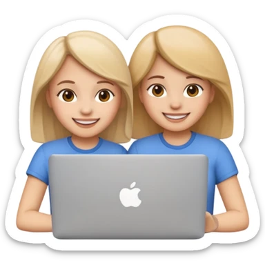 two girls side by side with a MacBook in front, smiling and happy, emoji style, based on reference image sticker