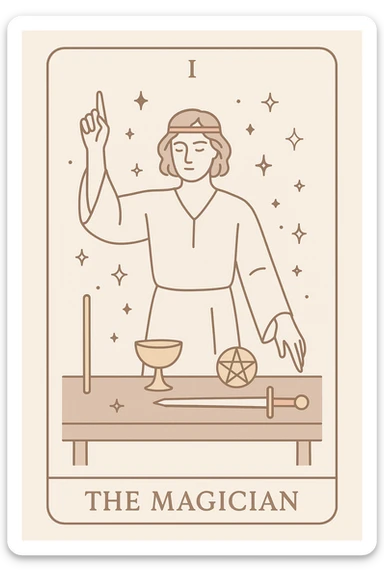 the magician tarot card, modern minimal style, simple lines, magician with one hand up and one down, subtle magical elements sticker