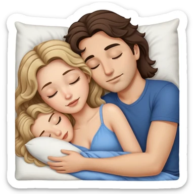 Man with dark brown wavy hair and woman with long dark blonde hair in bed cuddling and sleeping  sticker