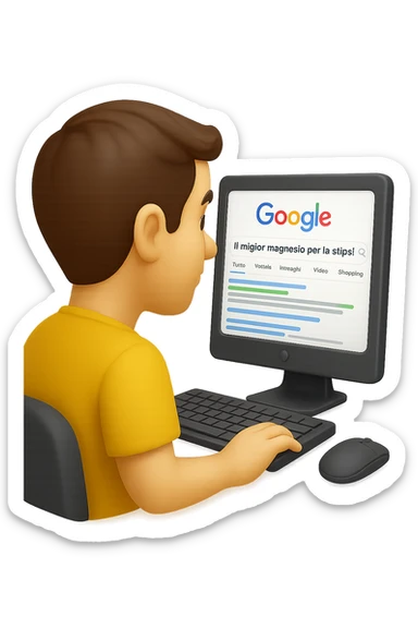 emoji stile iphone di un uomo davanti al pc che cerca di google: "Il miglior magnesio per la stipsi", iperrealistico 4k sticker