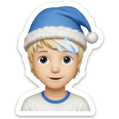create boy blonde hair long messy, light eyes, white t shirt, rich, long hair, eyes blue, acessory head cristimas blue hat sticker