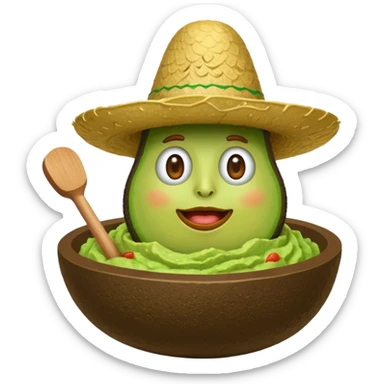 avocado sitting in a bowl of guacamole, wearing a sombrero, with a mallet floating above its head like in whack-a-mole, iOS emoji style sticker