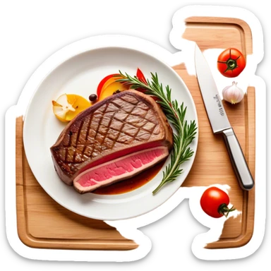 A photorealistic icon featuring a chef's hat, a cutting board with fresh ingredients, a knife, a plate with a well-plated dish, and a beautiful ribeye beef steak. Bright, detailed design with realistic textures and lighting. Transparent background, clearly symbolizing cooking and culinary arts. sticker