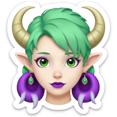 white furred unicorn with green hair and big purple earrings looking into camera and big horn and big earrings sticker