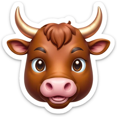 Cinematic Cute Domestic Bull Portrait Emoji, Head tilted playfully and inquisitively, with a sturdy, compact build and a smooth, polished coat of rich copper and brown hues accentuated by gently curved horns, round, sparkling eyes full of curious determination, Simplified yet irresistibly adorable features, highly detailed, glowing with a warm, friendly glow, high shine, affectionate and spirited, stylized with a touch of rustic charm, soft glowing outline, capturing the essence of a mischievous yet loving domestic bull that feels like it could trot out of the screen and into your arms! sticker