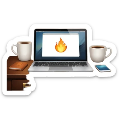 Open laptop on a desk next to a steaming coffee mug sticker