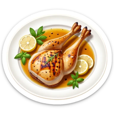 Draw a grilled chicken leg on a plate with herbs & lemon slices. sticker