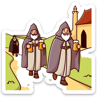 medieval pilgrims walking on a journey path with cloaks and beer bottles sticker