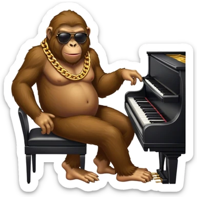 ape with big golden chain on the neck wearing sunglasses plays piano full height sticker