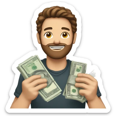 A sticker of a guy with brown hair and a beard holding money in his hands sticker