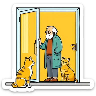  old blind man  looking through glass door at ￼his golden cat  sticker