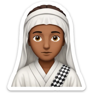 Una persona morena que solo se le vea la cara con una bata de arabe en la cara color blanco con cuadros negros sticker