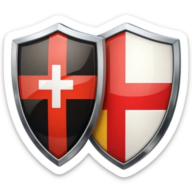 security shield. The shield is vertically divided: the left half displays the Swiss flag (red with white cross), and the right half displays the German flag (black, red, gold horizontal stripes) sticker