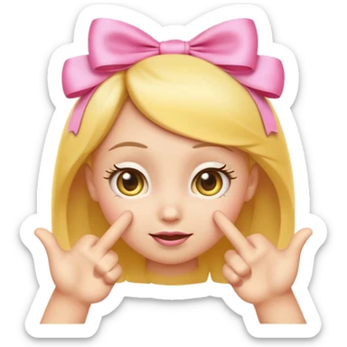 Cute yellow emoji face with big pleading shiny eyes, raised curved eyebrows, small shy smile, and both hands pointing index fingers toward each other. Add two small pink satin bows on top corners of the head. iOS-style, smooth digital look sticker