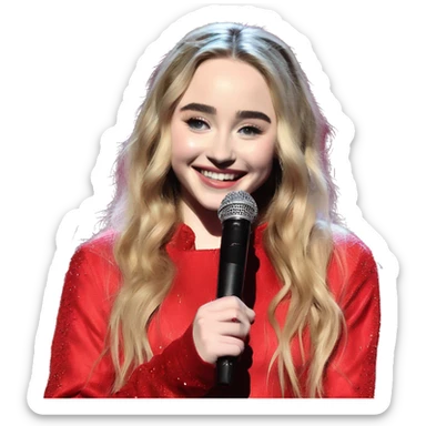 “Sabrina Carpenter in a red outfit, smiling confidently while performing on stage.” sticker