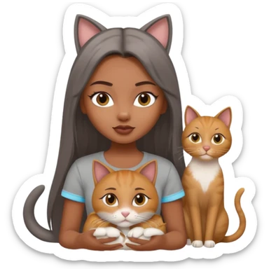 a pretty bratz dusky girl with long straight hair with four cats nd wearing a grey tshirt sticker