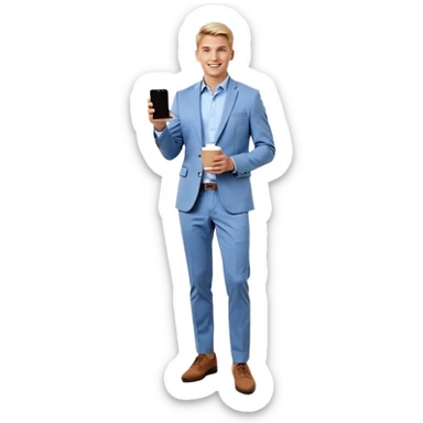 Confident and outgoing male entrepreneur, Caucasian features, short blonde hair, big friendly smile, expressive eyes, wearing a blue blazer over a light blue shirt, dark trousers and brown shoes, holding a smartphone in one hand and a coffee cup in the other, standing pose, full-body, front-facing sticker