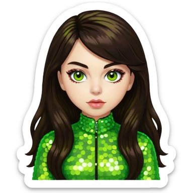 Charli XCX with long dark brown hair, lime green sequin outfit sticker