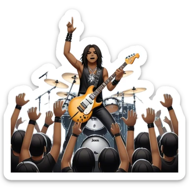 Icon for Heavy Metal: a metal band on stage, with electric guitars, drums, and a powerful vocalist. The atmosphere is intense with flashing lights, music notes, and a crowd of fans. The design should capture the energy and power of a live heavy metal performance. Transparent background. sticker