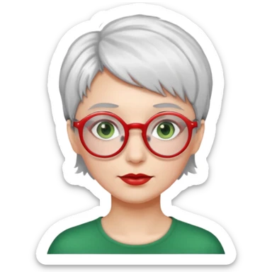 visage femme a lunettes ronde rouge avec cheveux courts gris-blancs aux yeux verts sticker