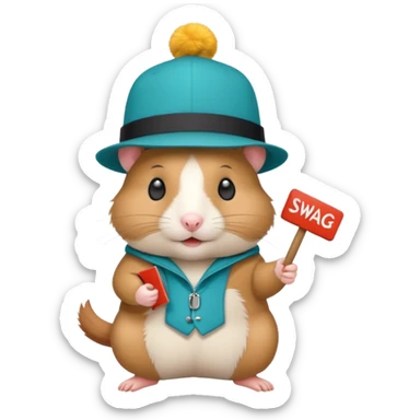 A stylish hamster holding a "SWAG" sign, trendy colors, sleek design sticker