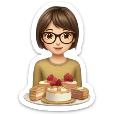 Young girl with brown hair and bangs and tortoiseshell glasses holding a plate with cakes sticker