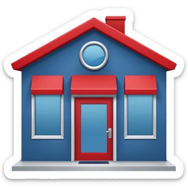 Lowe’s-inspired storefront, Apple emoji style, blue walls, light gray trim, small red accents on door handles or signage frame, minimal details, soft rounded edges, large front windows, sliding glass doors, small peaked roof, no text or logos, centered on plain background sticker