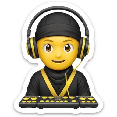 Make a customized yellow  emoji that has dj headphones on and a ninja outfit sticker