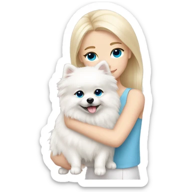 Blond girl white skin blue eyes hugging white Pomeranian with light pink bow sticker