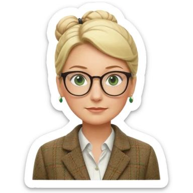 older teacher with hair pulled back into a blonde bun green eyes and glasses sticker