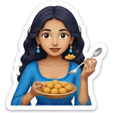 a pretty tan indian bratz girl with wavy long BLACK hair. eyeliner on, wearing a blue kurti, eating golgappa (without spoon) sticker