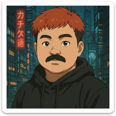 Asian man with a round face, black mustache, red hair, black hoodie, Ghost in the Shell-inspired anime style, large expressive eyes, futuristic city background, high detail sticker