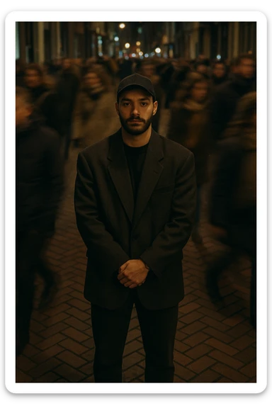 overhead shot of me standing still on a brick city sidewalk, wearing a dark oversized blazer,
motion-blurred crowd rushes past around me. Moody lighting, 35mm film look, shallow depth of field, sharp focus on me. sticker