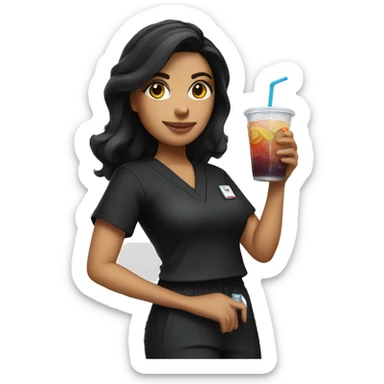 Hispanic woman in black scrubs holding drinks sticker