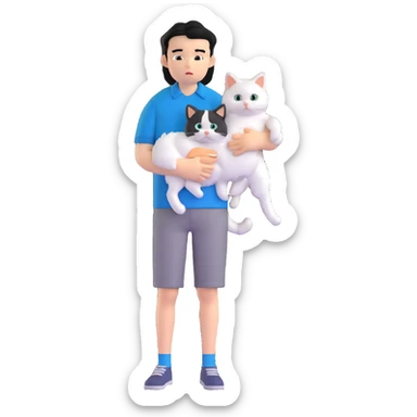 teenage boy with black hair wearing blue short sleeve shirt holding a white ragdoll cat sticker