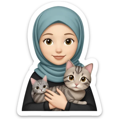 White girl wearing hijab smiling while holding a black grey tabby cat sticker
