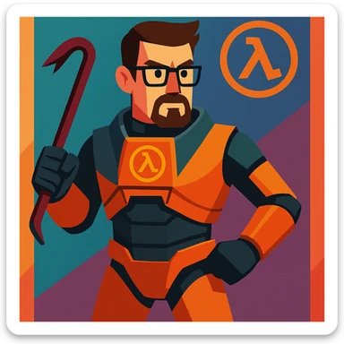 Gordon Freeman from Half-Life 2, stylized cartoon, orange HEV suit, glasses, crowbar sticker