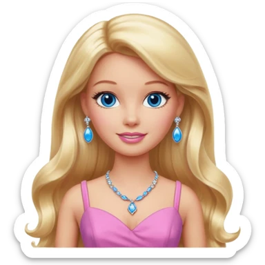 barbie, long blonde hair, pink dress, with blue eyes,different dress,ear rings, jewelary. sticker