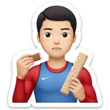 A asian male athlete holding a protein bar and frowning deeply sticker